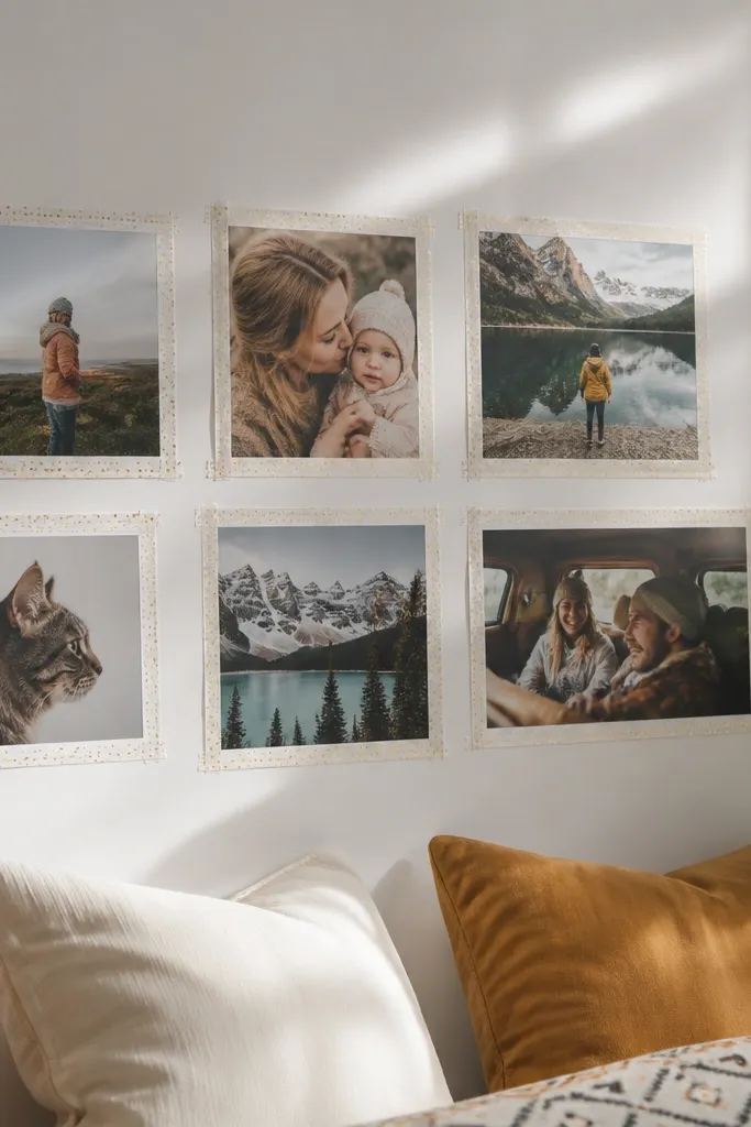 Photos taped to the wall with neat washi tape borders