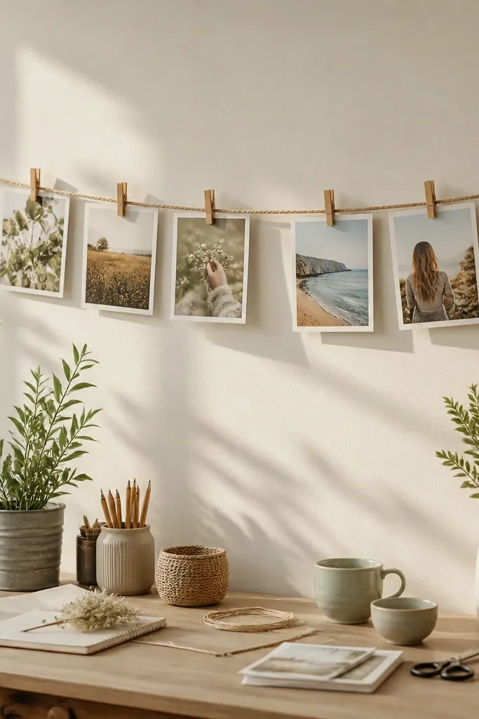 A rope line on the wall holding photos with small clothespins