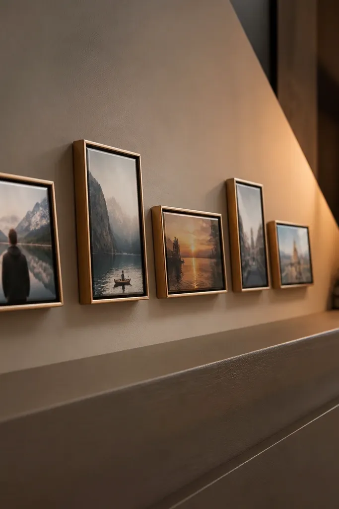 Mini frames arranged on a narrow ledge shelf in a row