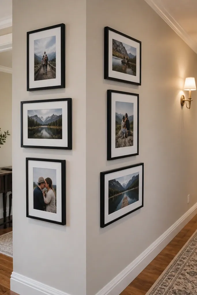 Two vertical columns of photos on a wall corner with consistent spacing