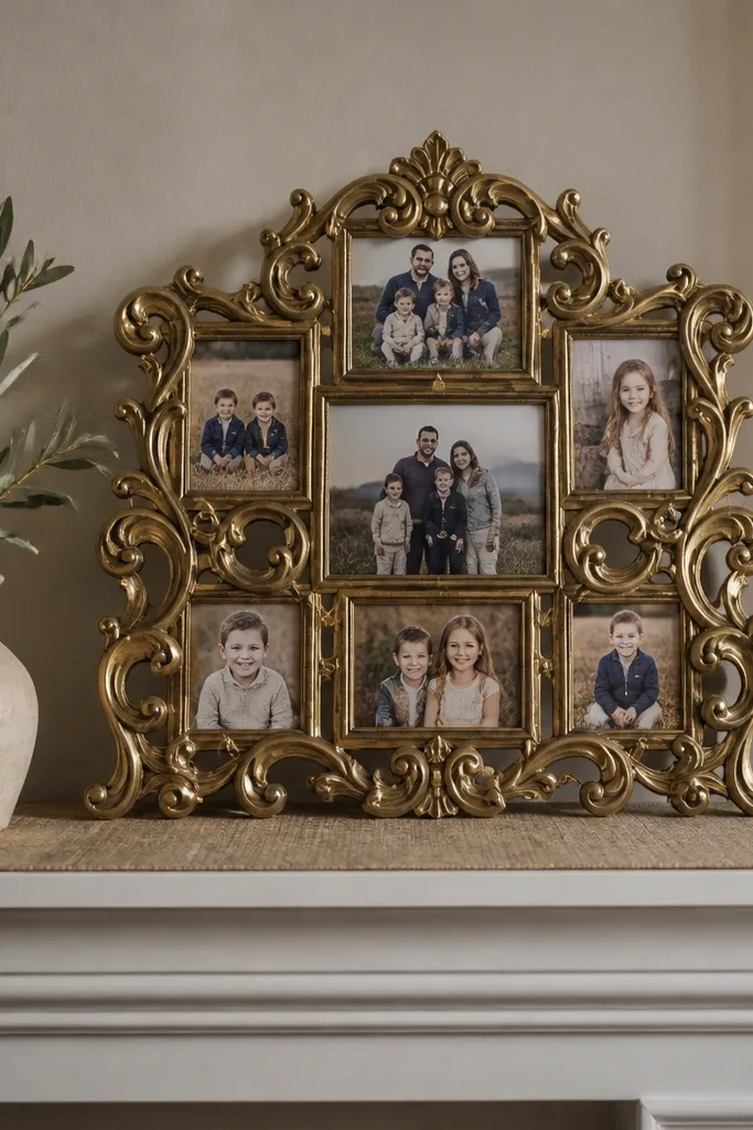 A large decorative frame with smaller cards inside