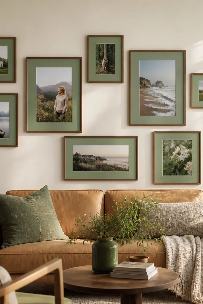 Frames with the same colored mat backing behind photos