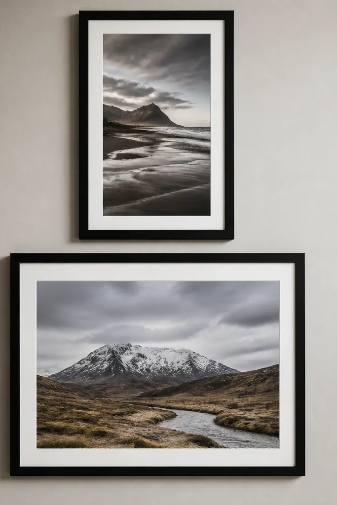 Two large frames stacked vertically on a wall with one wide