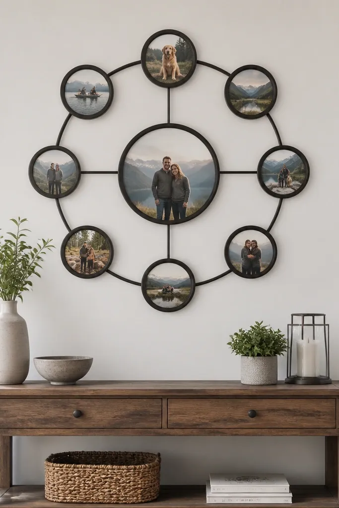 Eight photos arranged in a circle around a center