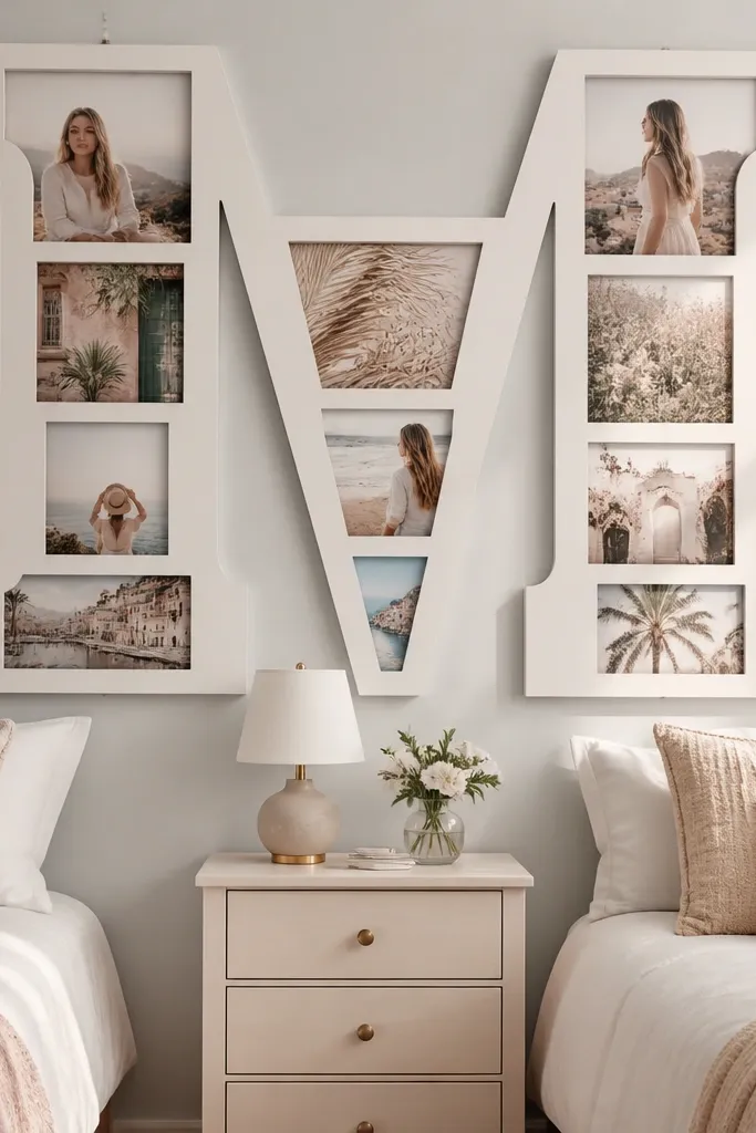 A large monogram on the wall with photos placed inside cutout shapes