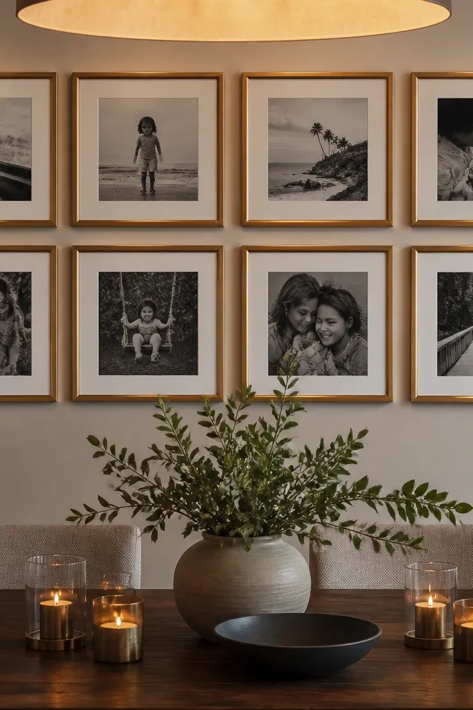 Black-and-white photos arranged in a grid inside thin gold frames