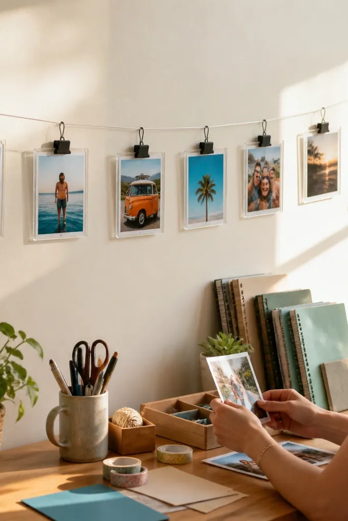 A horizontal clothesline holding small framed photos with clips