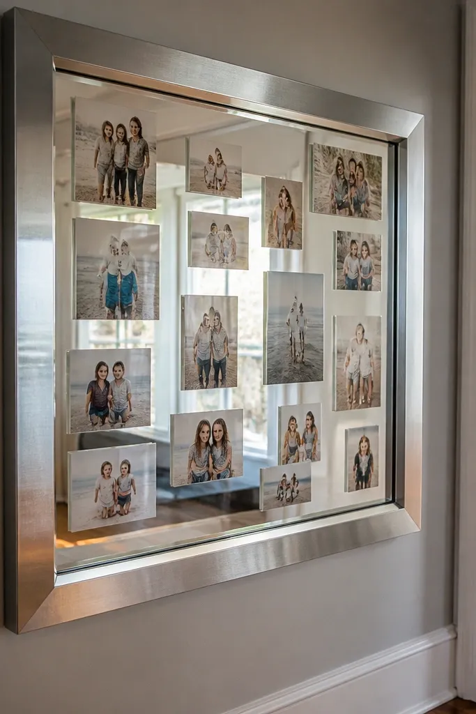 A large frame with mirrored backing and multiple photos arranged inside