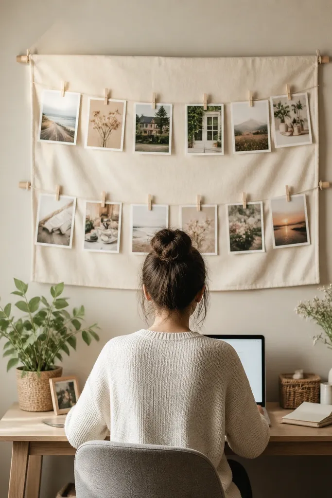 Fabric hanging strip with rows of photos clipped onto it