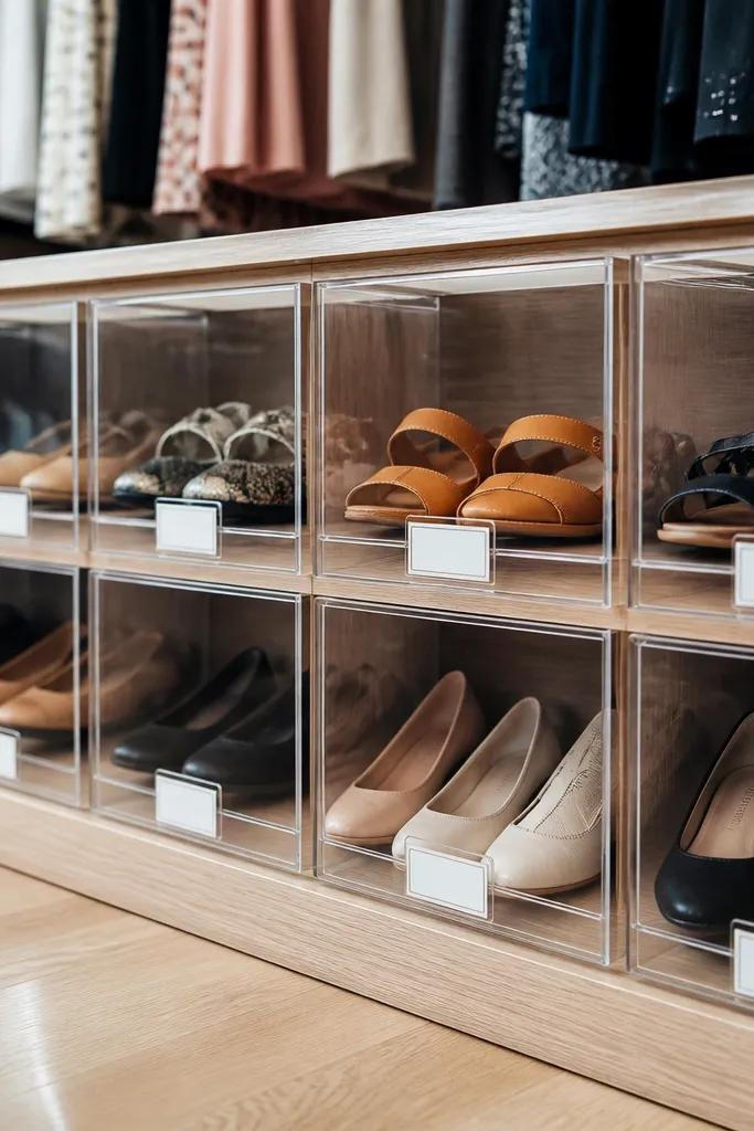 Clear plastic bins on a closet shelf with small shoes grouped and labeled