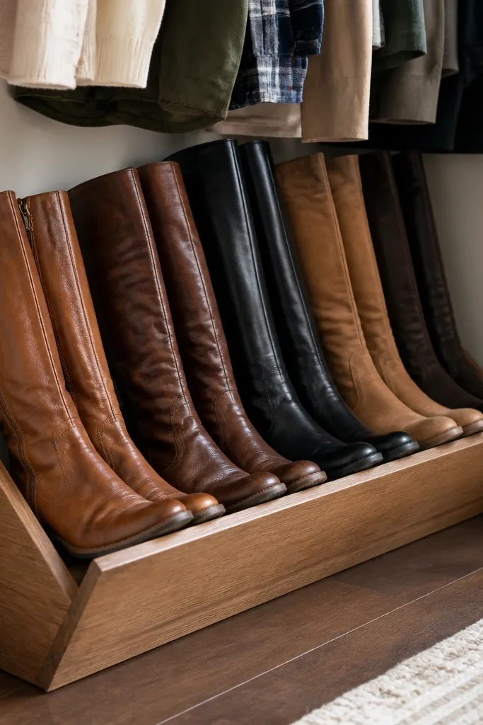 Wood slanted ledge inside a closet holding boots in a neat row