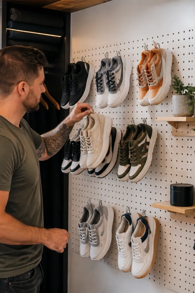 White pegboard on a closet wall with hooks and small shelves holding shoes