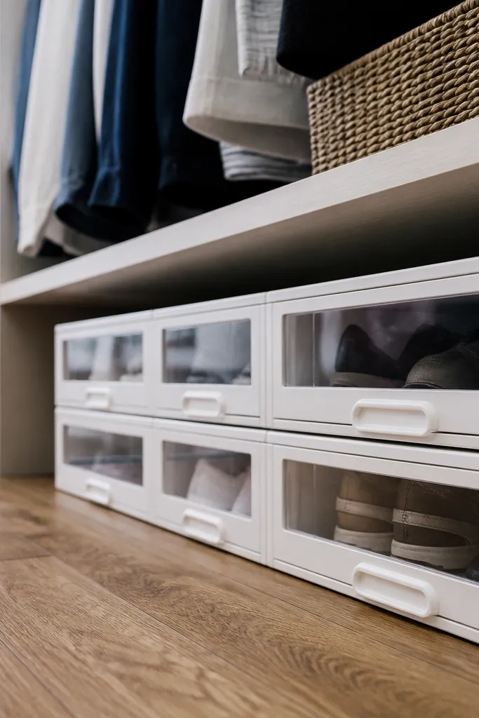 Closet shelf with pull-out drawers holding folded shoes and sneakers