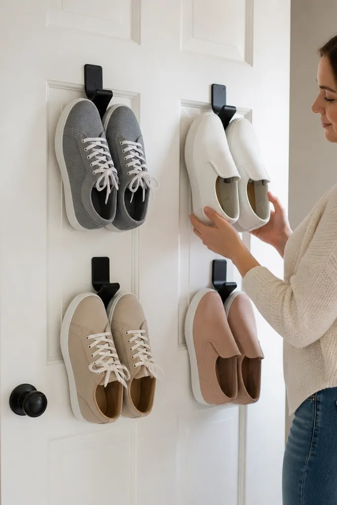 Shoe hooks on a closet door holding sneakers neatly by laces