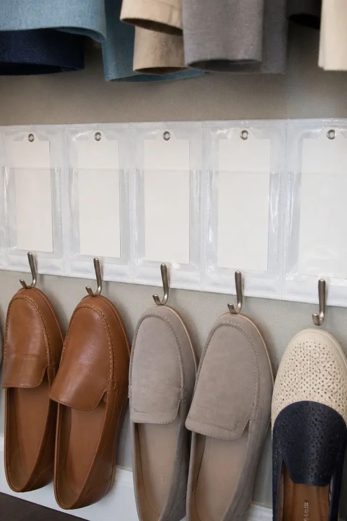 Clear plastic pocket labels on a closet wall marking daily and seasonal shoes
