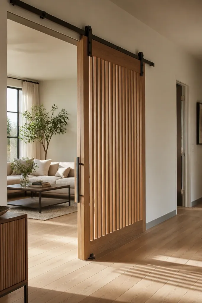 White barn sliding door with vertical slats and black floor guide
