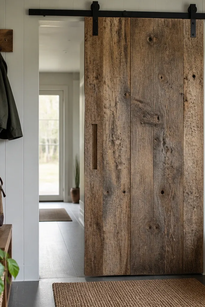 Rustic barn sliding door with a recessed handle strip and black track