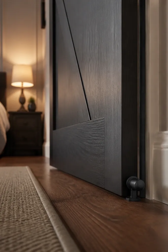 Matte black barn sliding door with a small rubber weatherstrip line