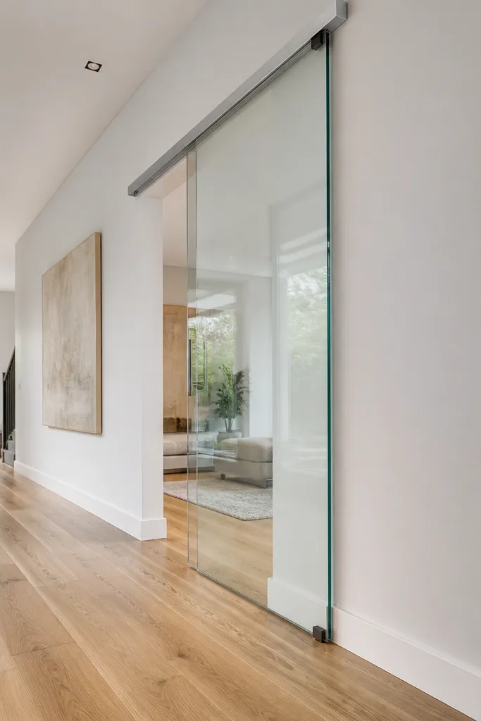 Clear glass sliding door panel on a black top track with a small floor guide
