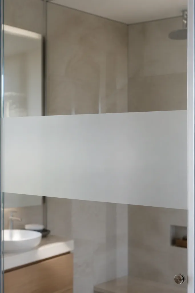 Clear glass sliding door with a frosted vinyl privacy band