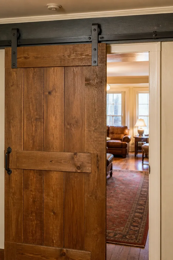 Barn sliding door track mounted on a metal beam with black hardware