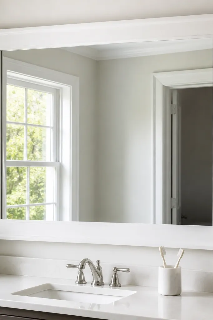 Large framed mirror above a small bathroom vanity with bright wall paint