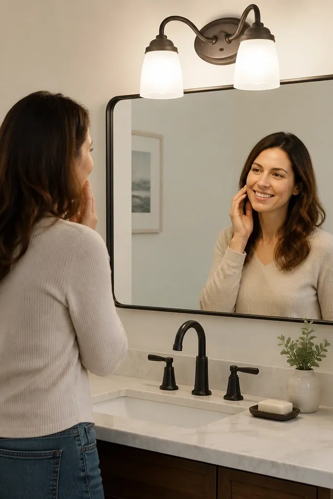 Wall vanity light with two frosted shades above a small sink