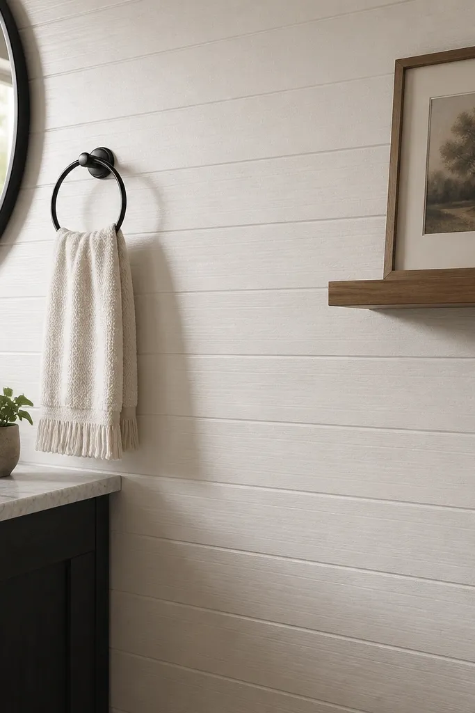Warm white shiplap-style wall panels in a small bathroom