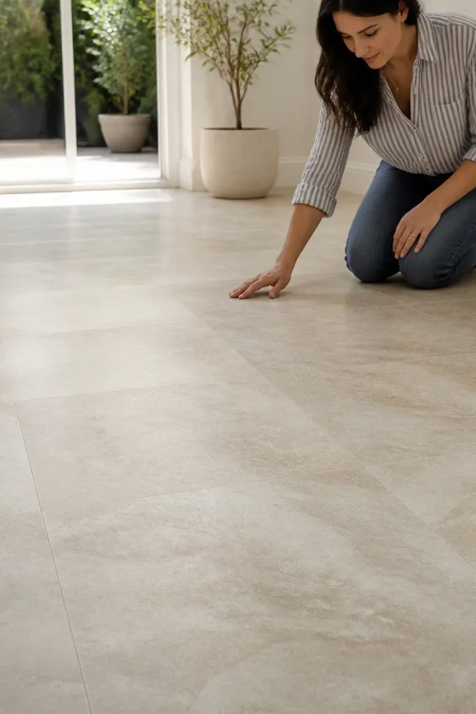 Light stone-look peel-and-stick floor tiles in a small bathroom