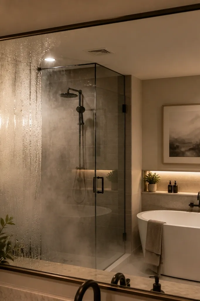 Mirror with clear anti-fog film lines and no visible glare