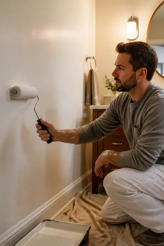 Warm white satin bathroom walls with clean cutting lines