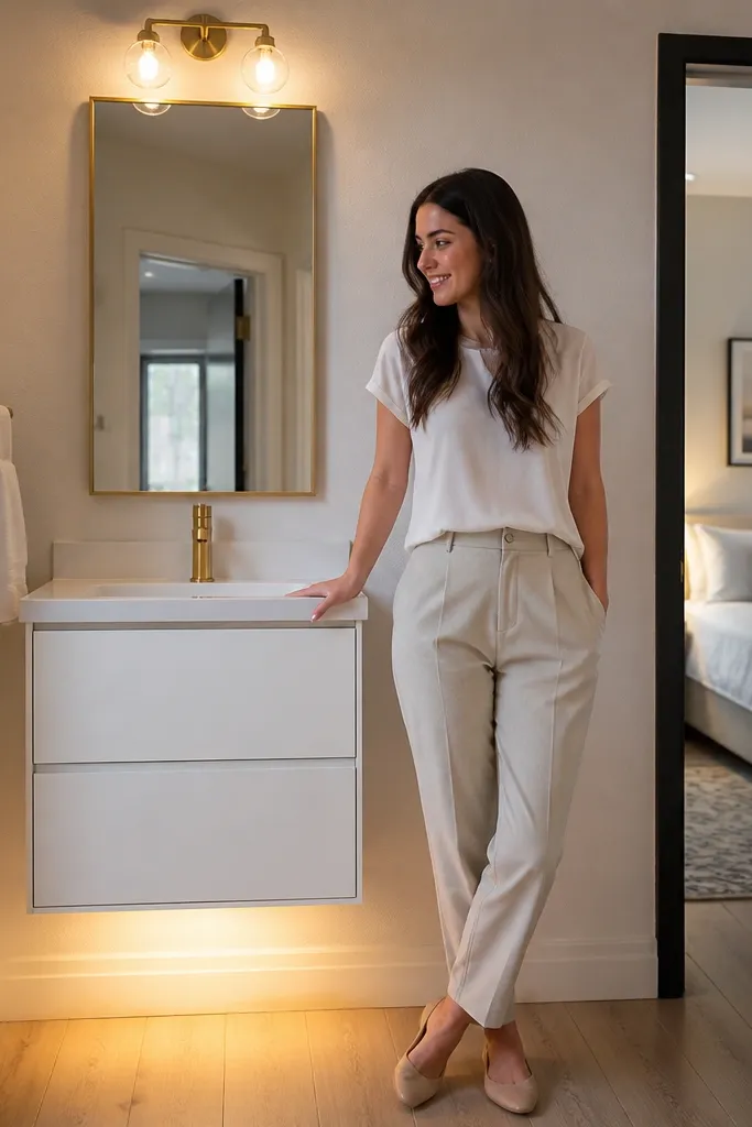 Floating vanity with warm toe-kick LED strip under a small bathroom