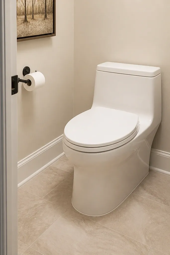 Clean white toilet with updated base trim in a small bathroom