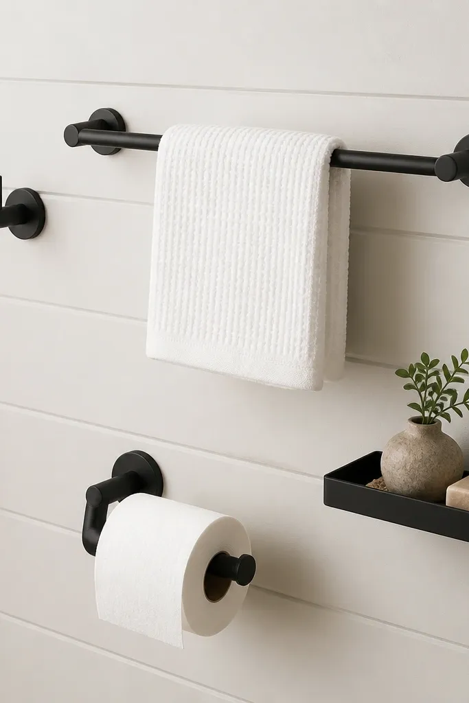 Matte black towel bar and hooks on a small bathroom wall
