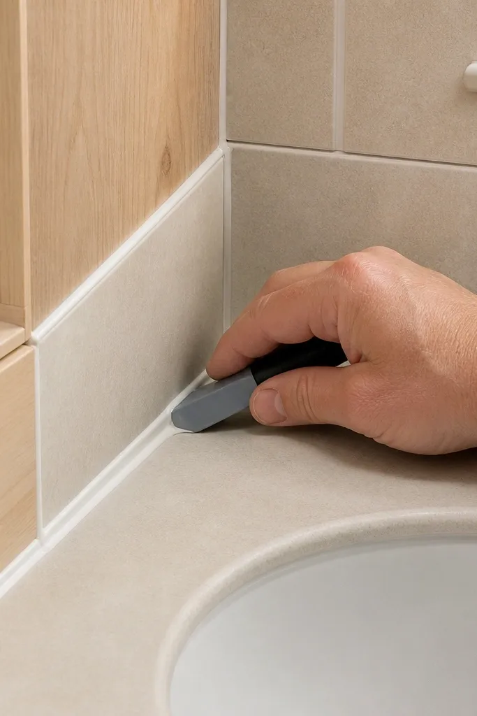 Fresh white caulk lines around a small bathroom sink and tub