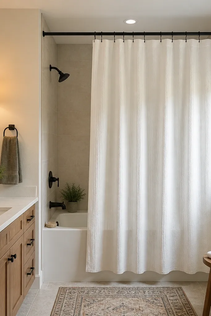Shower curtain or clear splash screen hung high with neat folds