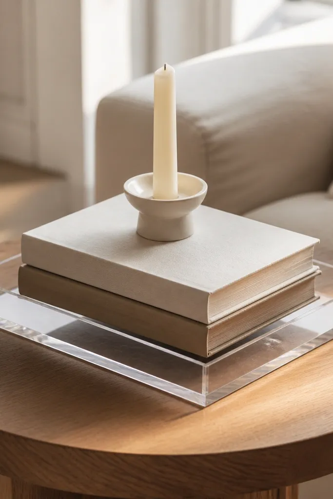 Small tray with stacked books and a candle in the middle