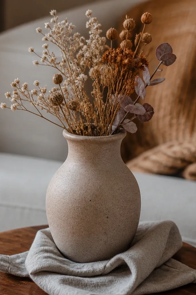 Folded linen napkin wrapped under a small vase on a coffee table