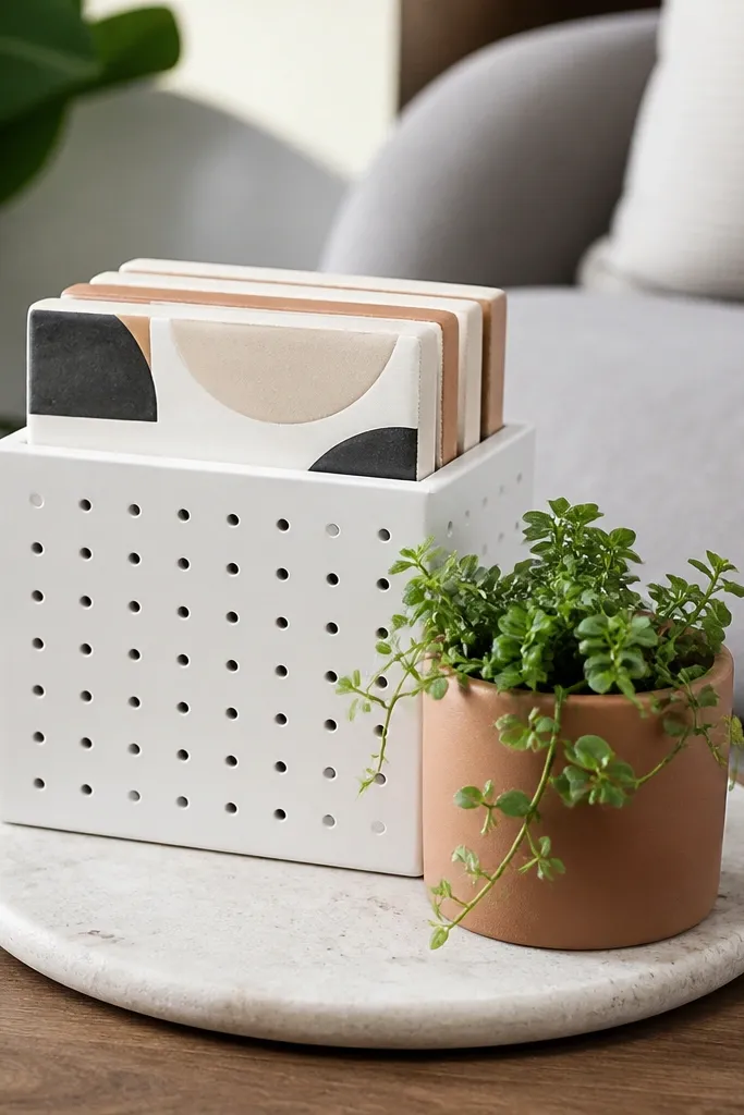 Pegboard organizer holding coasters with a tiny plant on top