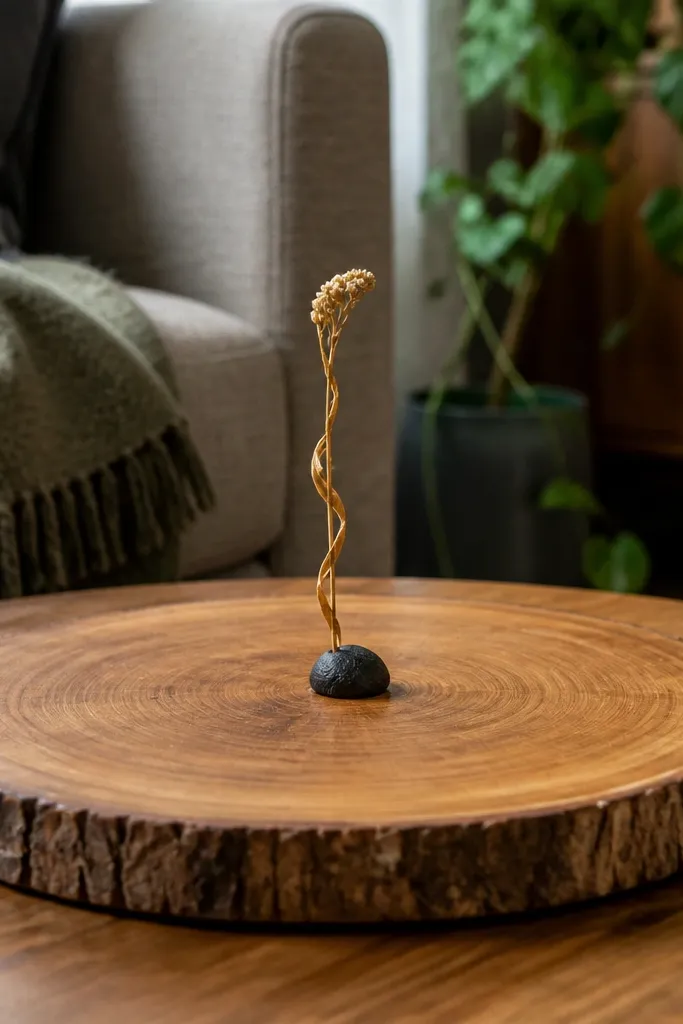 Wood slice with one dried branch in a small vase