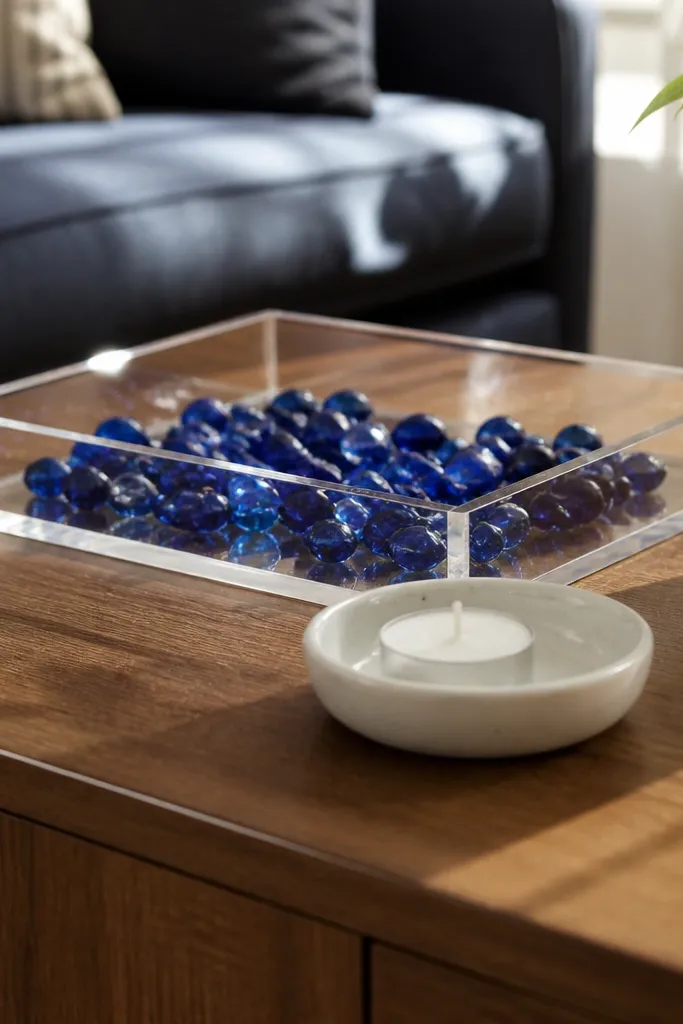 Clear tray with neatly arranged beads and a small candle