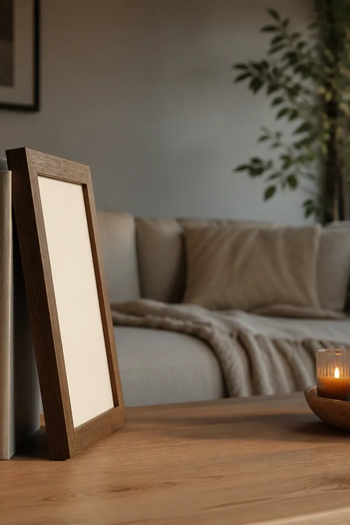 Small framed print leaning against stacked books on a coffee table