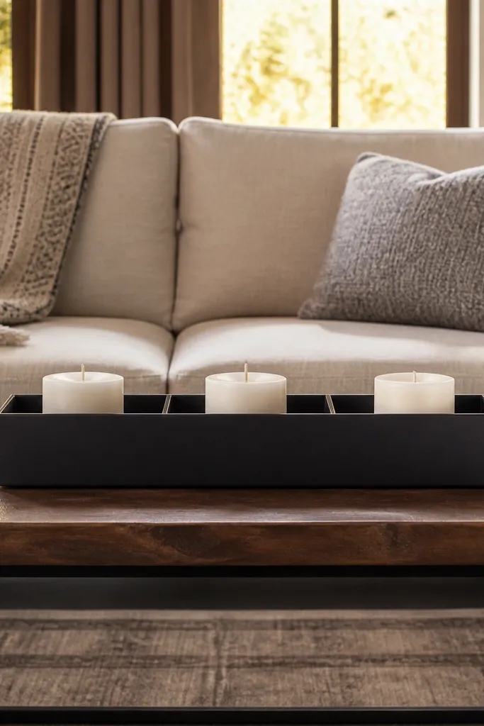 Three small candles arranged in a long organizer on a coffee table