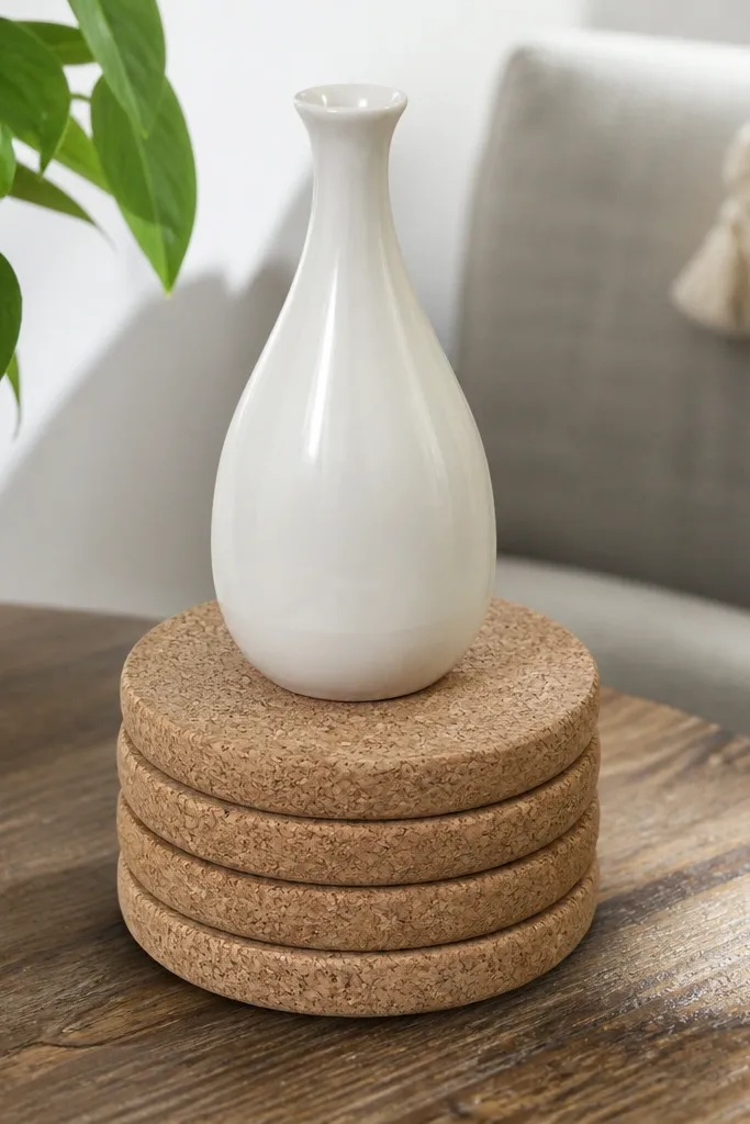 Coasters stacked with a tall ceramic ornament standing in front
