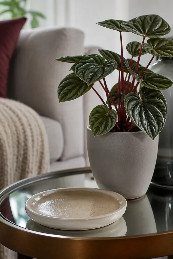 Small tray with mirrored backing holding a plant and a single decorative item