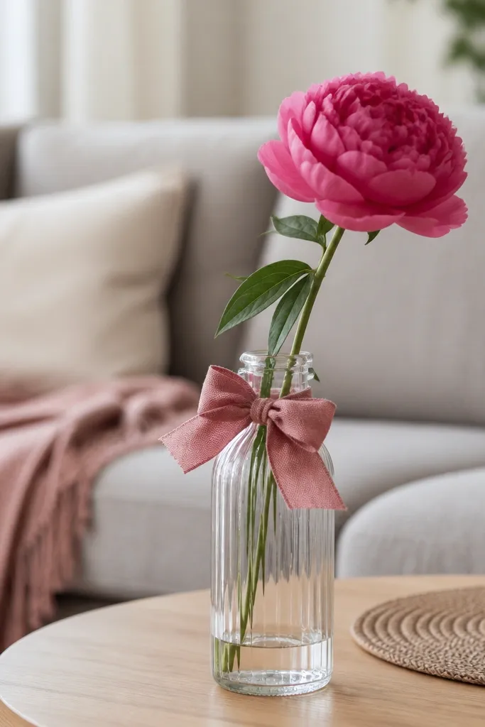 Small bottle vase with a fabric ribbon bow and one stem