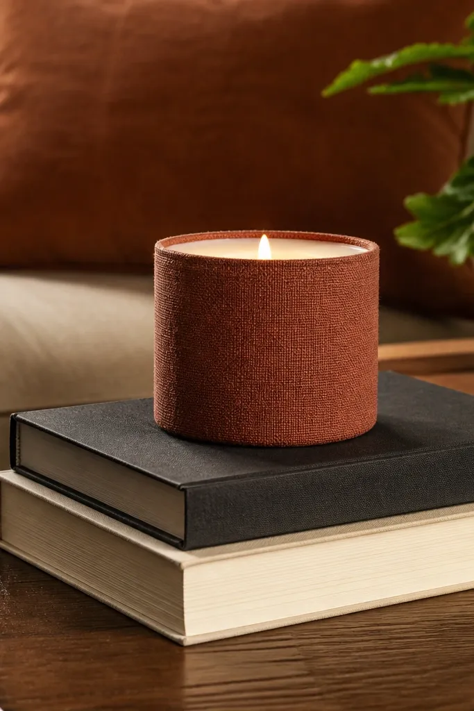 Stacked books with a candle wrapped in fabric sleeve