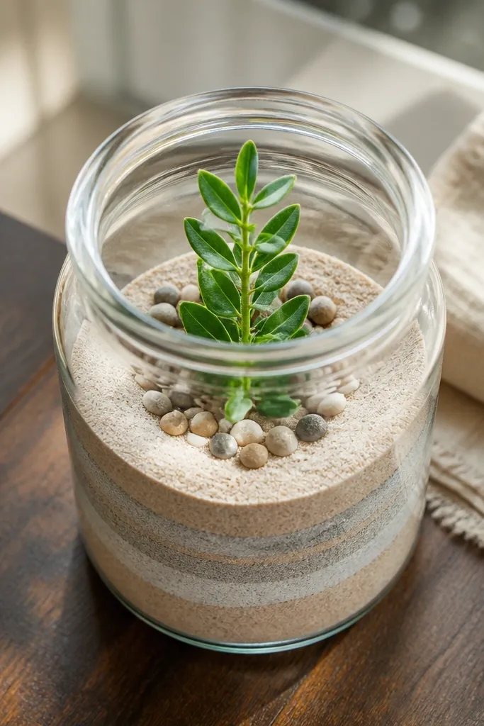 Small jar terrarium with layered sand and one green sprig