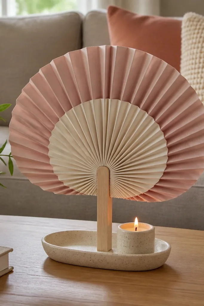 Small paper fan art standing on a tray with a candle nearby