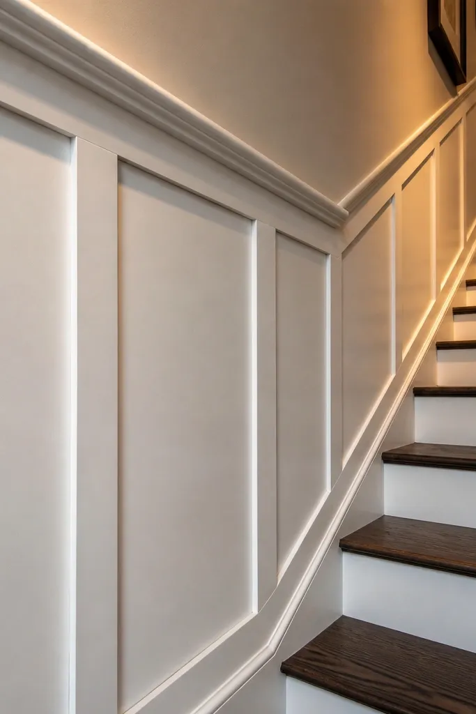 White chair rail wainscoting with centered rectangular panels on a staircase wall